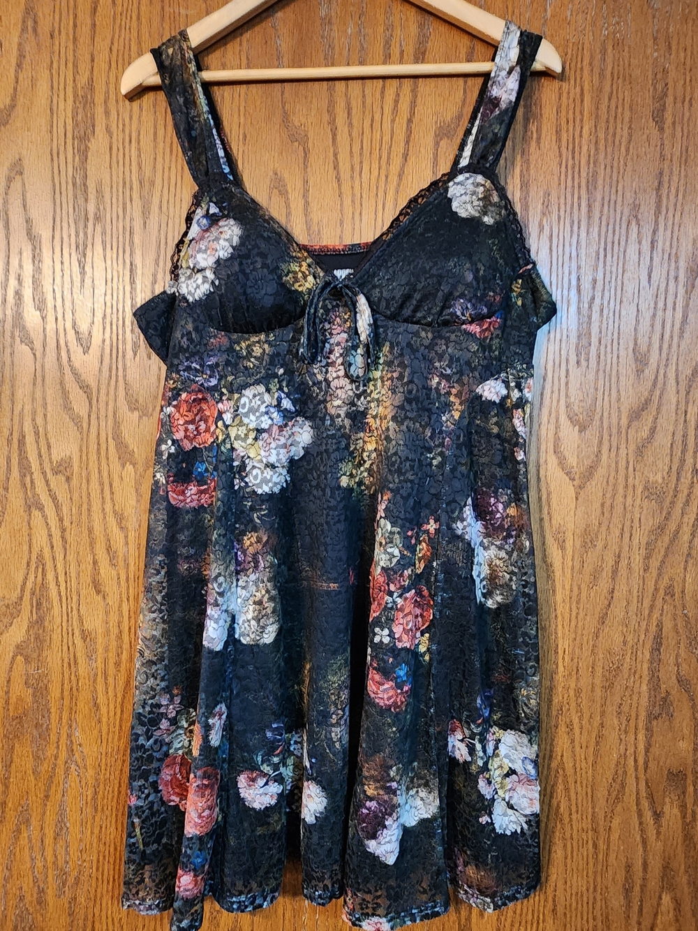 Floral Lace Black Mini Dress with Tie Front